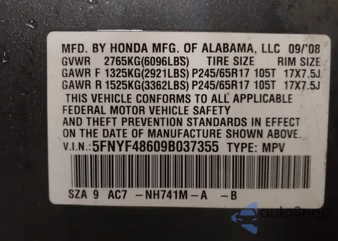 2009 Honda Pilot Ex-L from USA, damaged, VIN 5FNYF48609B037355